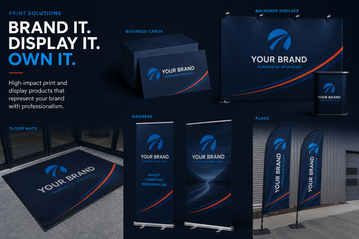 Open Road print collateral — business cards, banners, flags, and floor mats